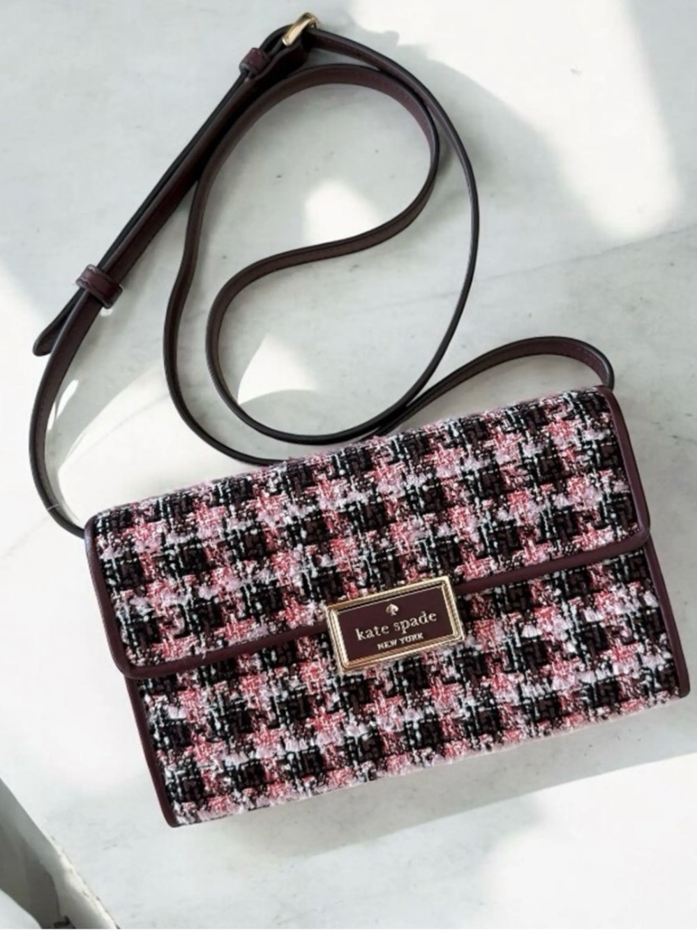 Kate Spade Reegan Flap Wallet Crossbody in Cherrywood Multi tweed.